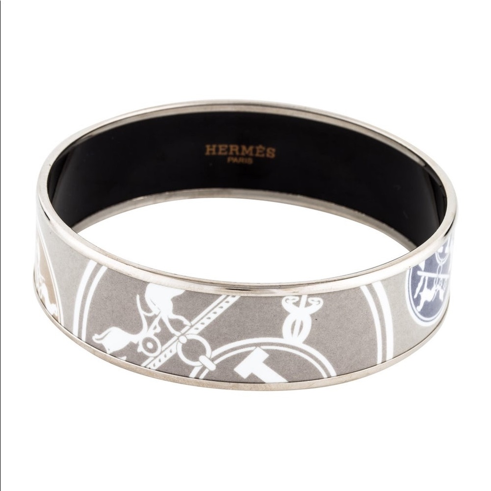 Hermès Confettis d'Ex Libris Wide Printed Neutral Color Enamel Bangle Bracelet